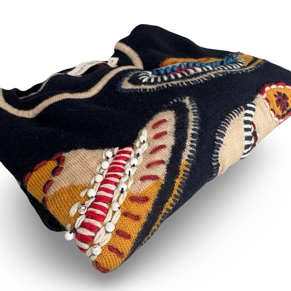 Tory Burch 100% Merino Wool Navy Hand Embroidered Beaded Sunhat Print Sweater M - Picture 5 of 16